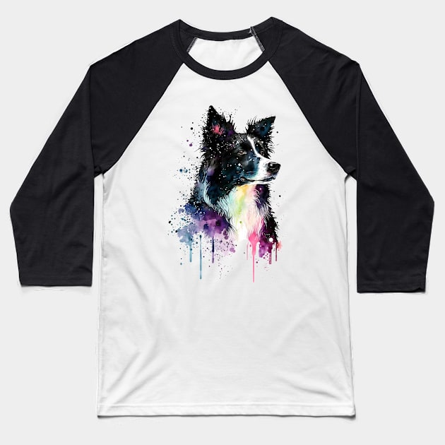 Rainbow Border Collie Watercolor Art Baseball T-Shirt by doglovershirts